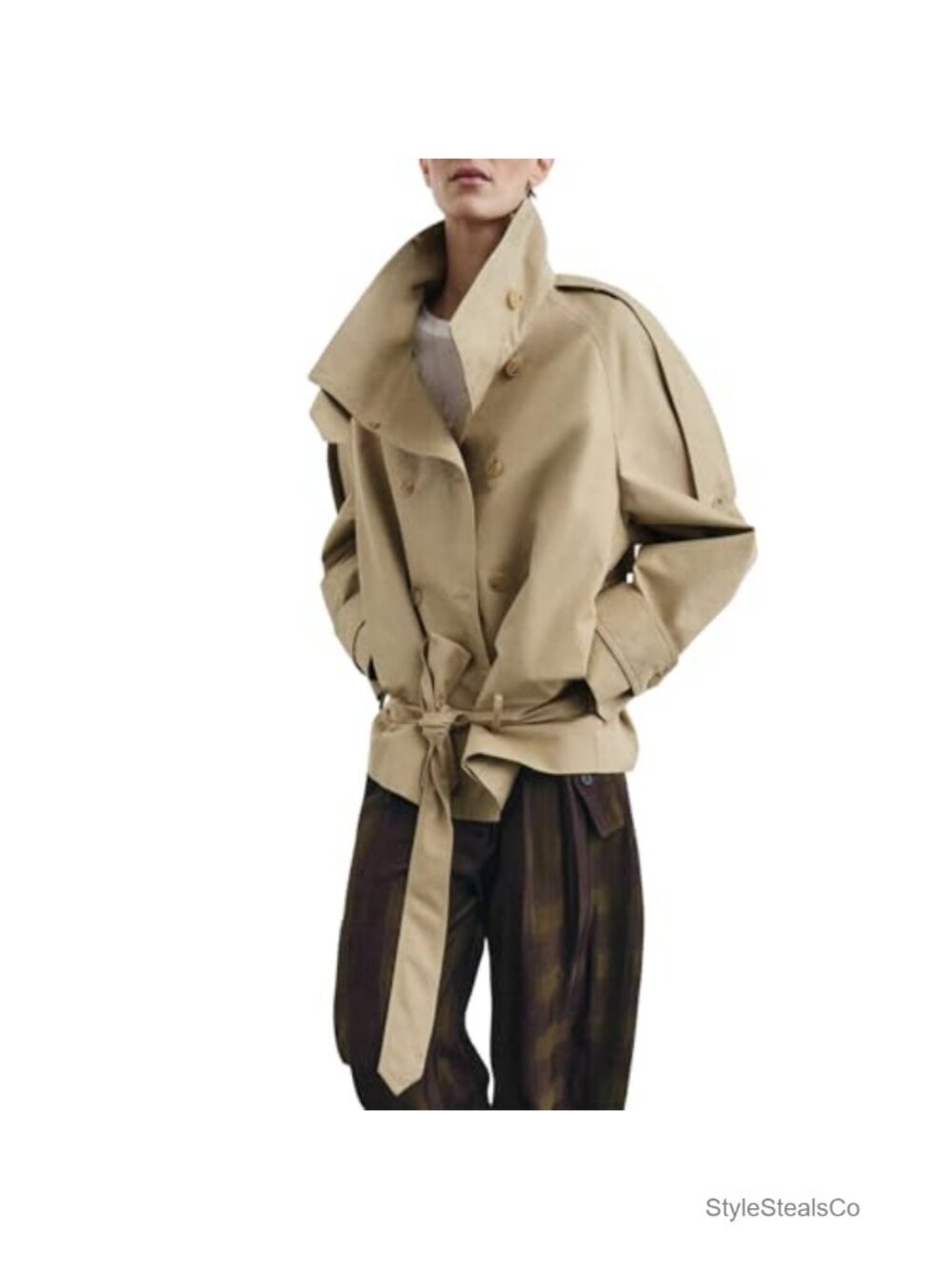 Women's Cropped Trench Coat Double Breasted Funnel Neck Windproof Lightweight